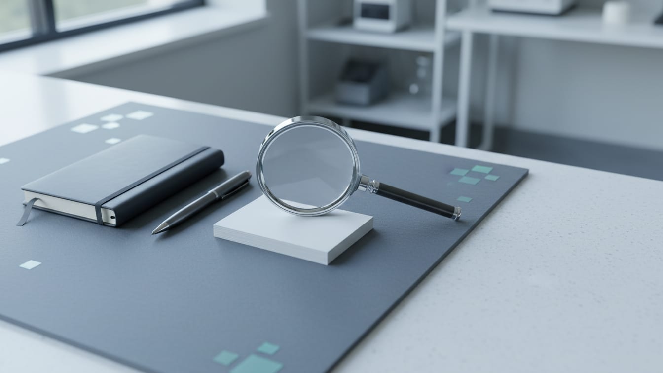 Illustration: A fact-checker's desk seen from above: a magnifier, a stack of blank index cards, a pen and a closed notebook.