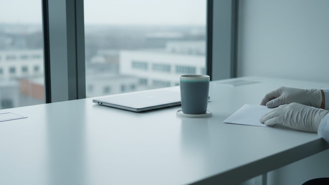 Illustration: A minimal desk by a window with a closed laptop, a mug and a plain envelope, soft daylight.