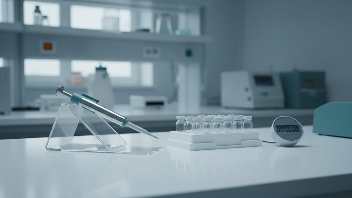 Illustration: A laboratory workflow still life: a pipette resting on a rack, an unlabelled sample tray and a timer on a.