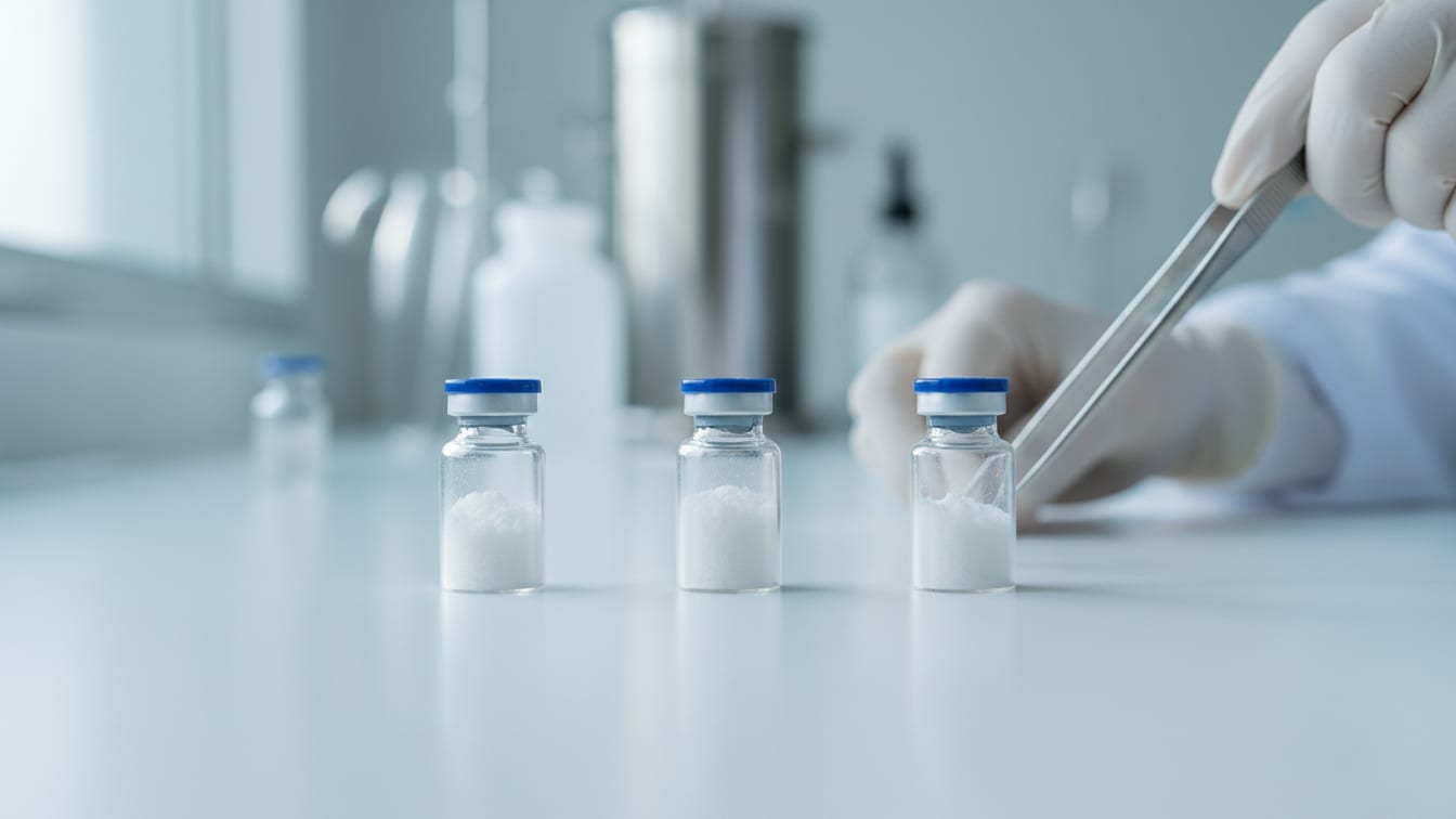 Illustration: Three clear glass vials with white lyophilized powder on a white bench.