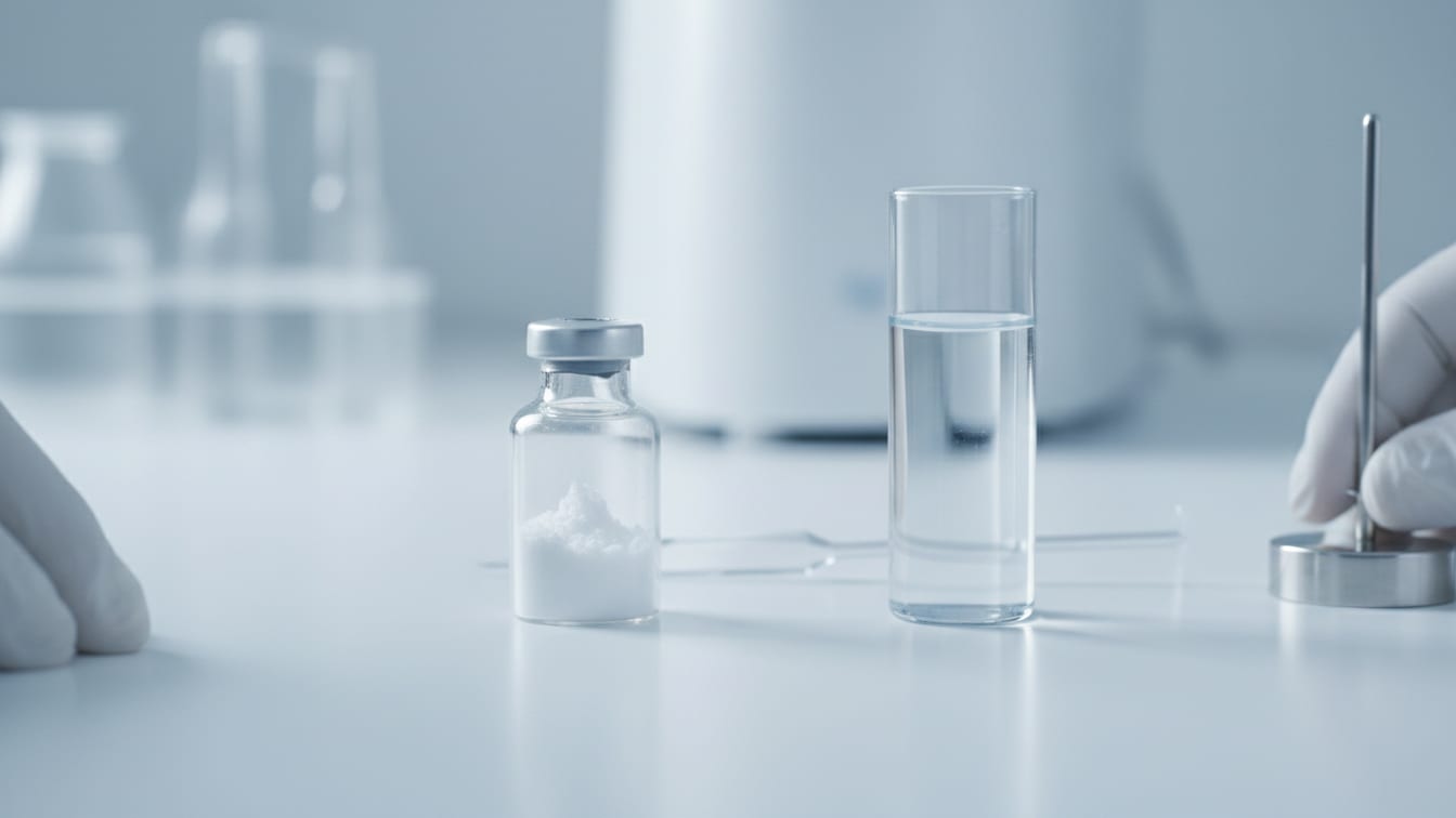 Illustration: Two clear glass vials, one with white powder, one with clear liquid.