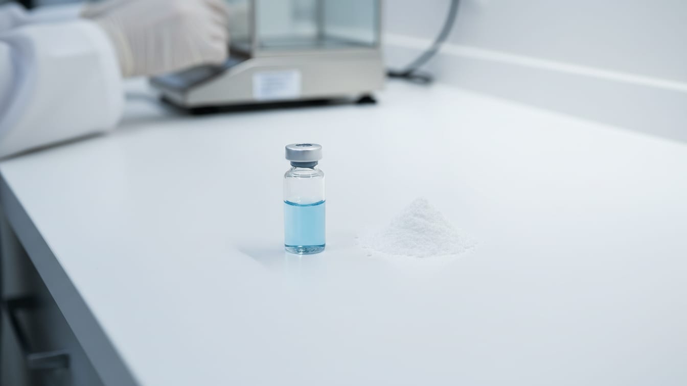 Illustration: A clear glass vial with pale blue liquid next to a small pile of white powder on a white lab bench.