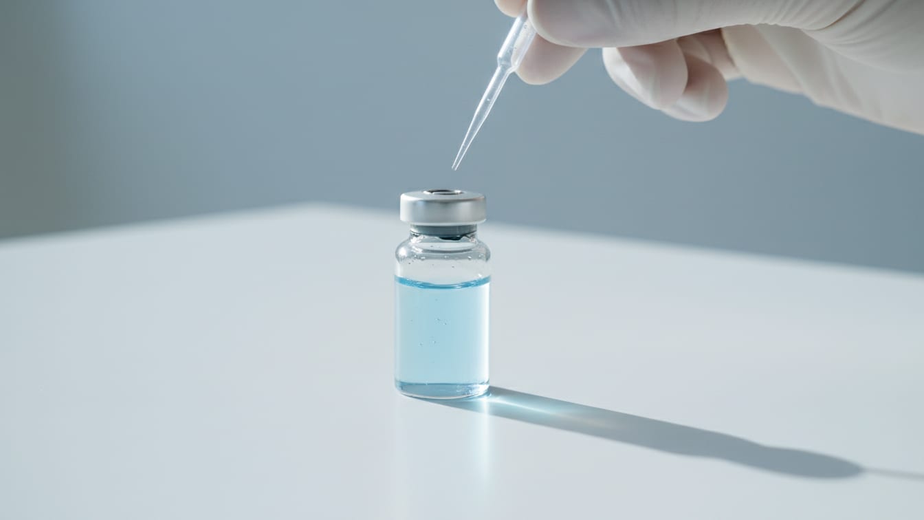 Illustration: A clear glass vial with pale blue liquid on a white surface.
