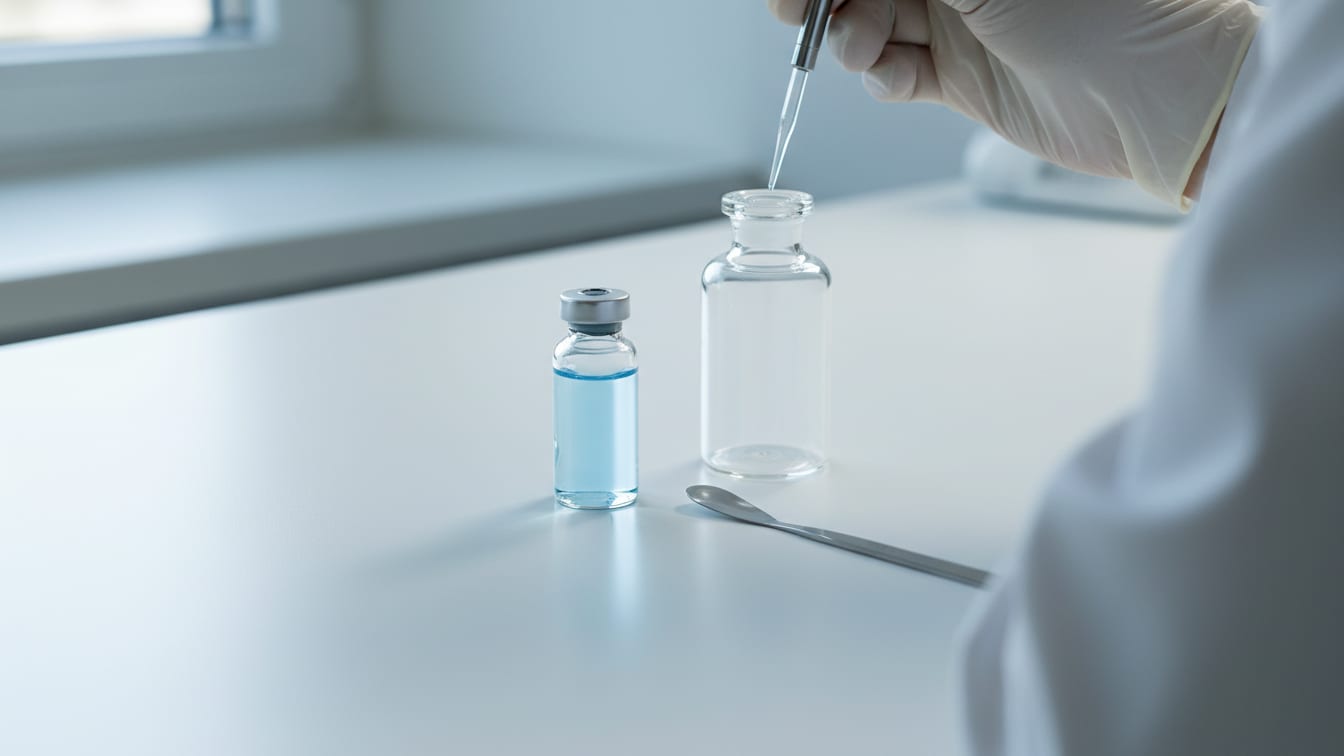 Illustration: A small glass vial with pale blue liquid next to a larger empty glass vial on a white bench.