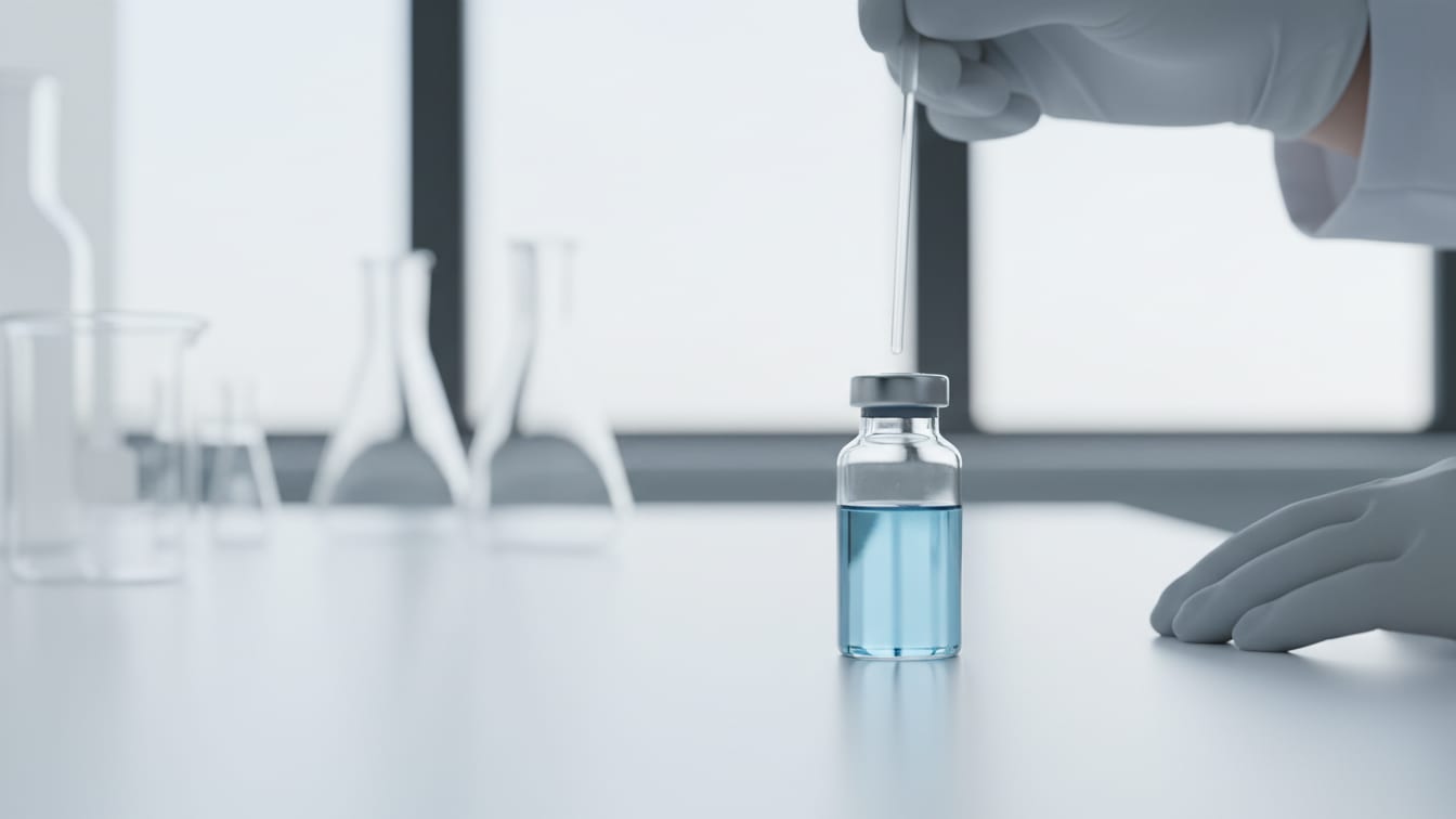 Illustration: A clear glass vial with pale blue liquid on a white lab bench, softly lit.
