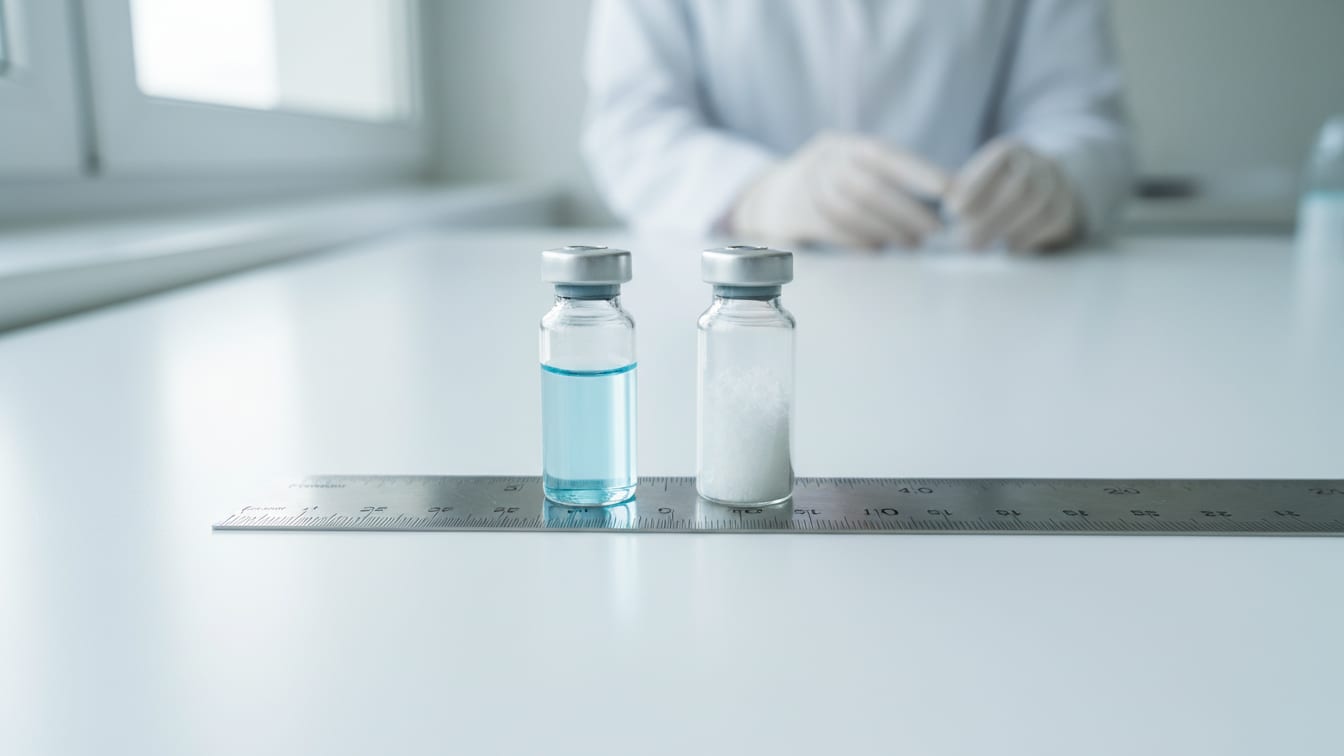 Illustration: Two clear glass vials, one with pale blue liquid, one with white powder, on a white bench with a ruler.
