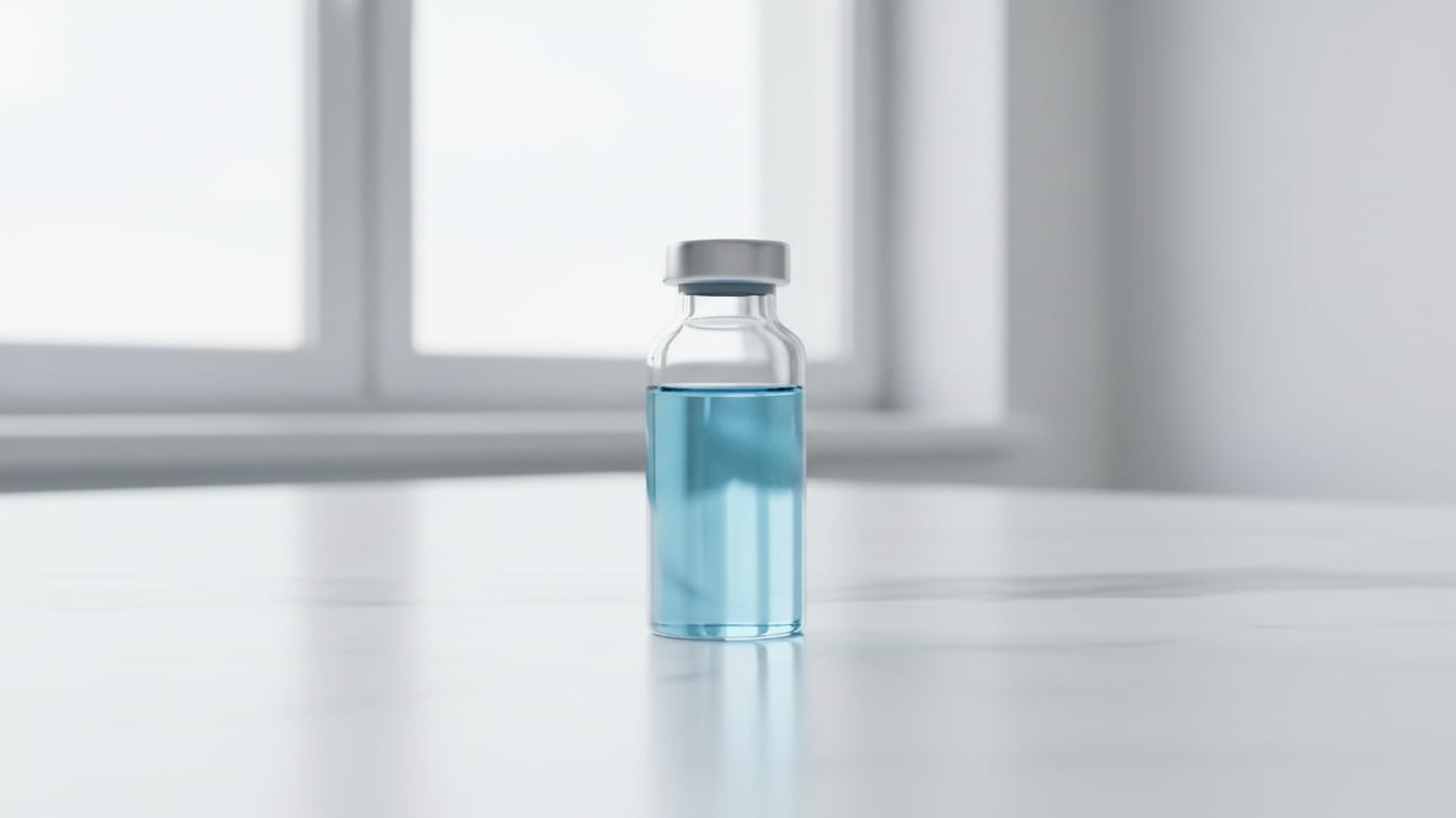 Illustration: A clear glass vial with pale blue liquid on a white surface, lit by natural light.