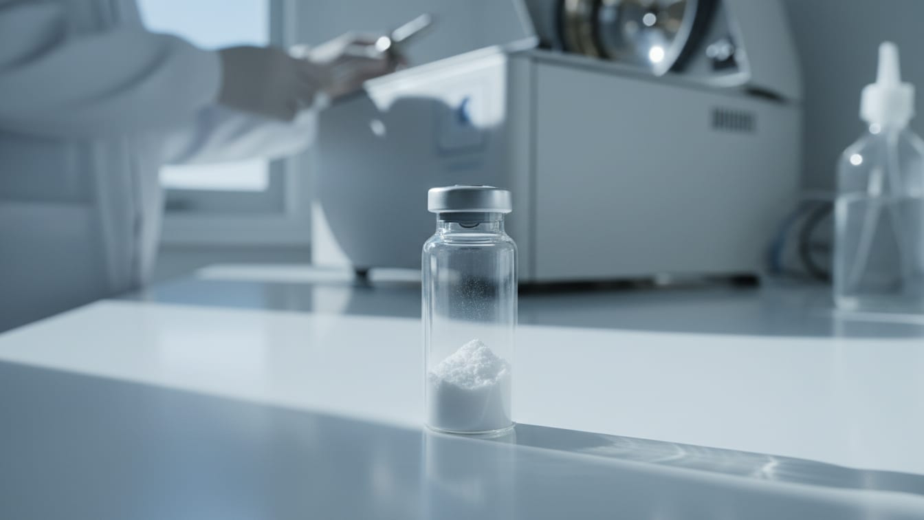 Illustration: A clear glass vial with white lyophilized powder on a white lab bench, softly lit.