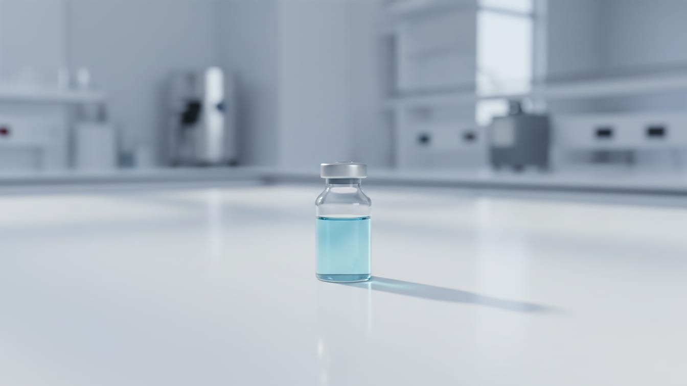 Illustration: A clear glass vial with pale blue liquid on a white lab bench, precisely lit.