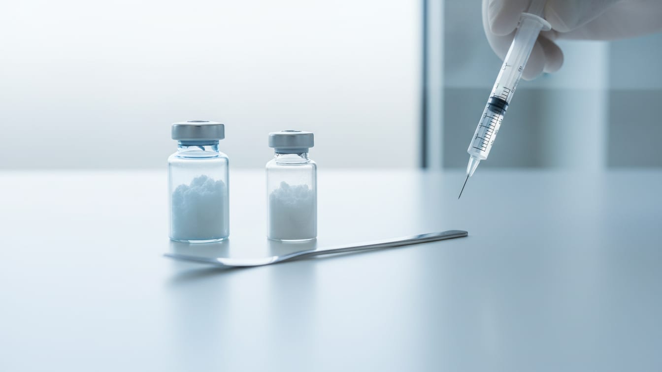 Illustration: Two clear glass vials of white lyophilized powder side by side on a white bench, a syringe held above them.