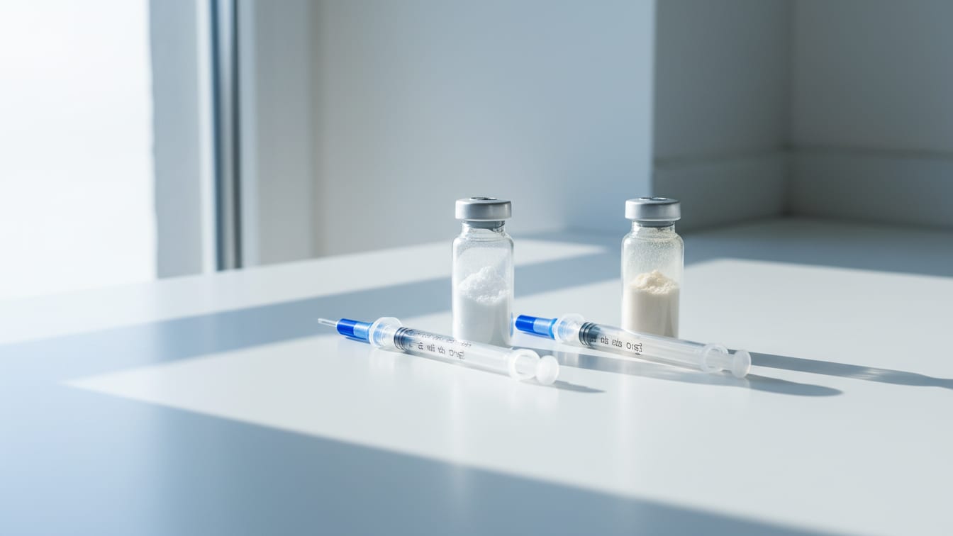 Illustration: Two clear glass vials with different lyophilized powders, each with an insulin syringe.