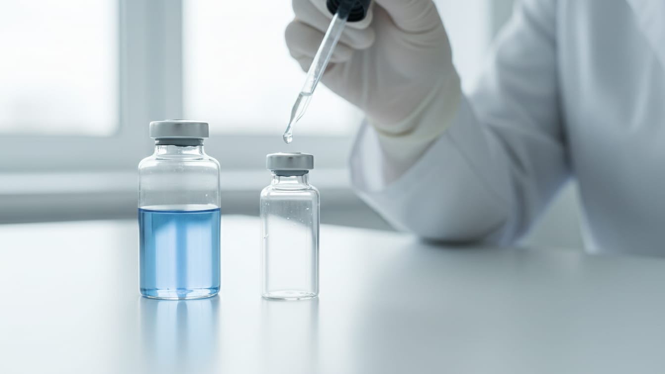 Illustration: A partially filled clear glass vial and an empty clear glass vial on a white lab bench.