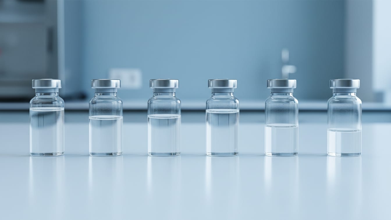Illustration: Five glass vials, each with varying clear liquid levels, arranged on a white surface.