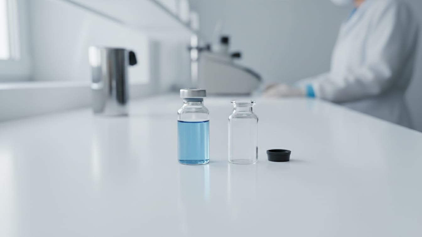 Illustration: A clear glass vial with pale blue liquid next to an open empty glass vial on a white bench.