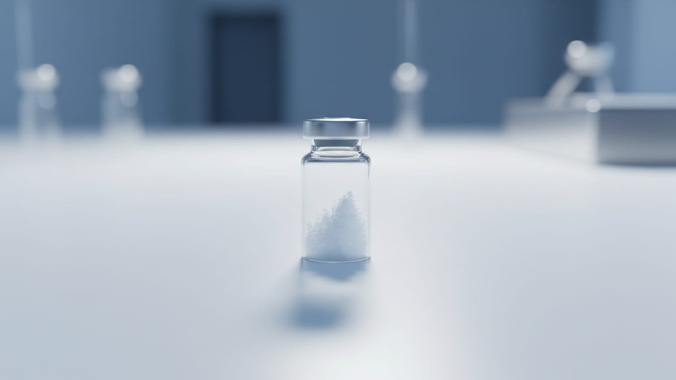 Illustration: A clear glass vial with white lyophilized powder on a white lab bench.