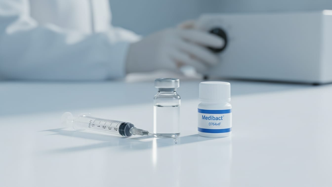 Illustration: A clear glass vial, an insulin syringe, and a white-capped bottle on a white lab bench.