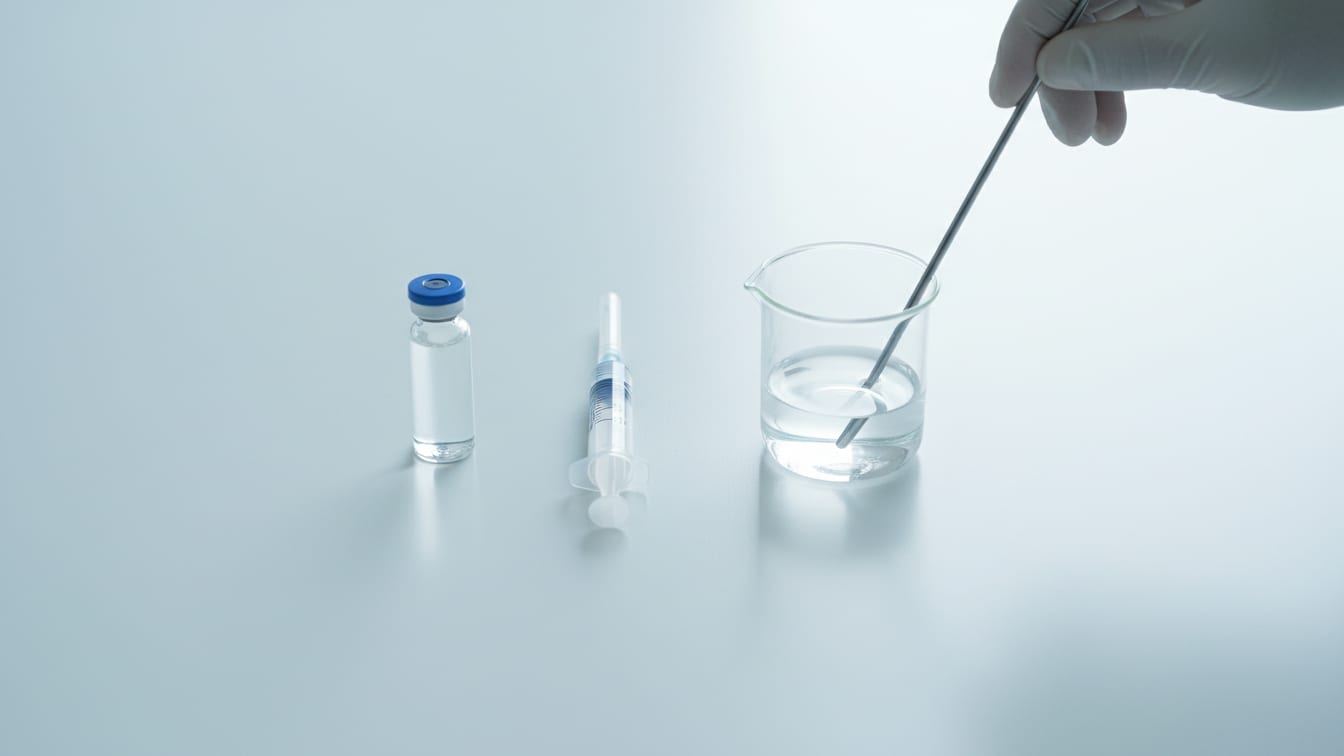 Illustration: A clear glass vial, a sterile syringe, and a small beaker on a white lab bench.