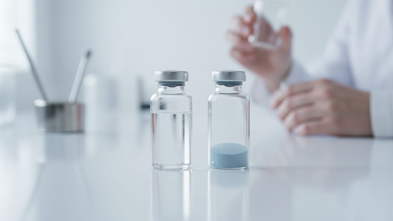 Illustration: Two clear glass vials, one with water and one with lyophilized powder, on a white bench.