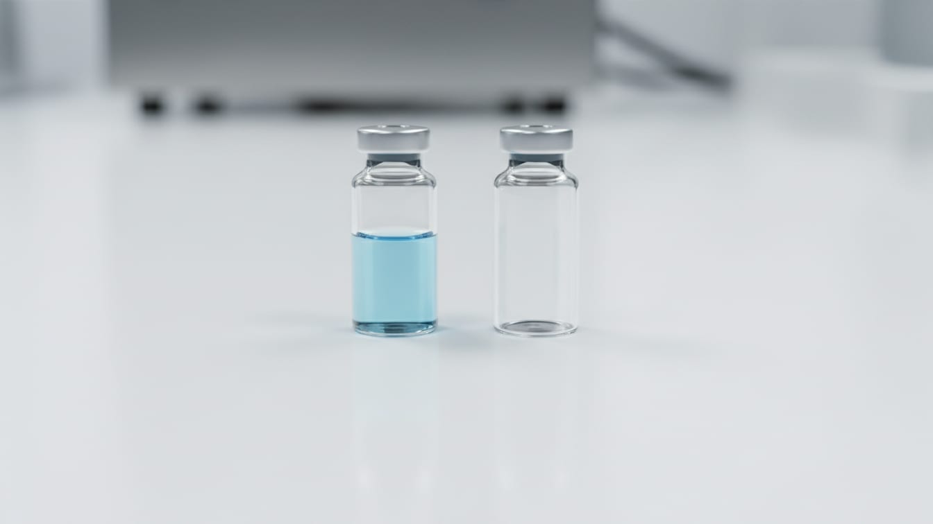 Illustration: Two clear glass vials, one with pale blue liquid and one empty, on a white lab bench.