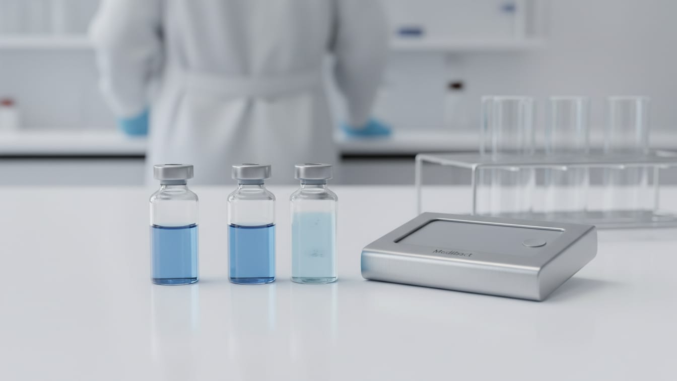 Illustration: Two clear glass vials, one with pale blue liquid, one empty.