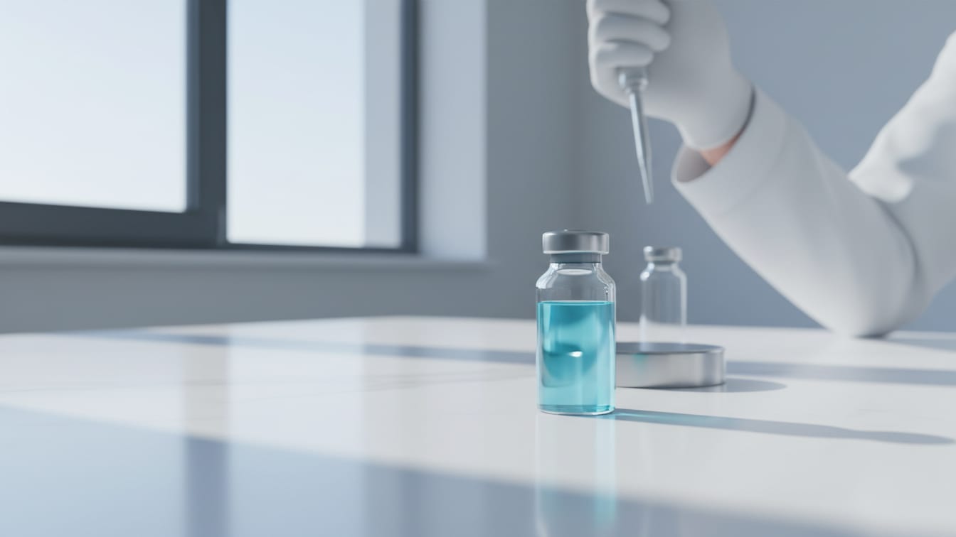 Illustration: A clear glass vial with pale blue liquid on a white surface, lit by natural light.