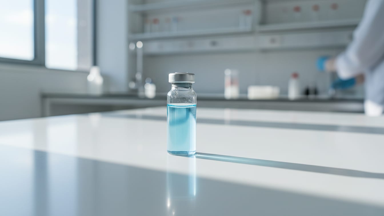 Illustration: A clear glass vial with pale blue liquid on a white lab bench, softly lit.