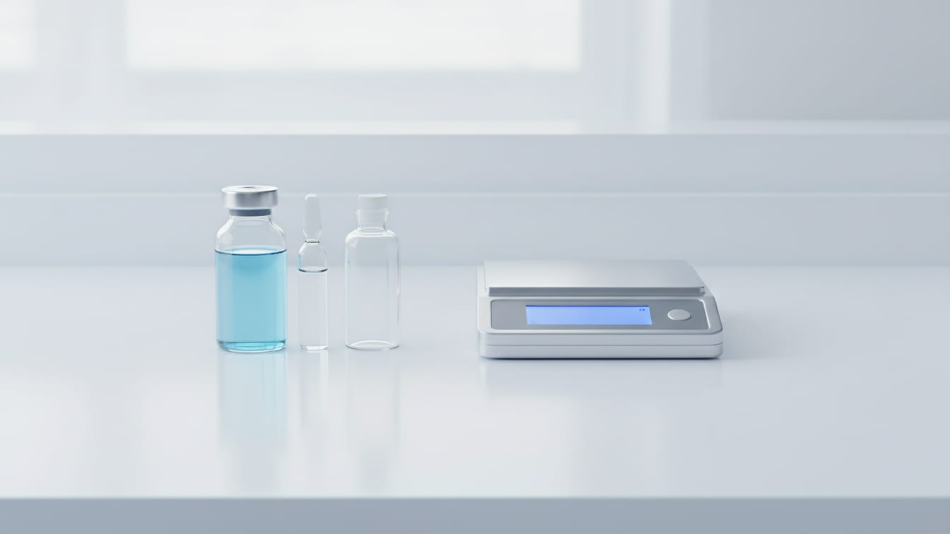 Illustration: Two clear glass vials, one partially filled with pale blue liquid, one empty.