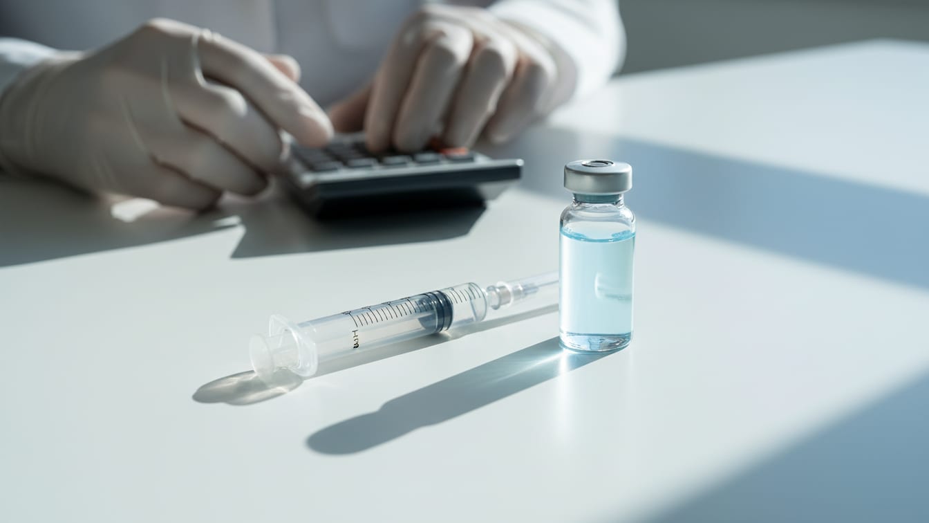 Illustration: A clear glass syringe and a vial of pale blue liquid on a white surface.