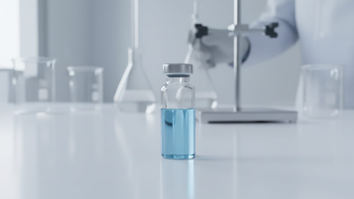 Illustration: A clear glass vial with pale blue liquid on a white lab bench.