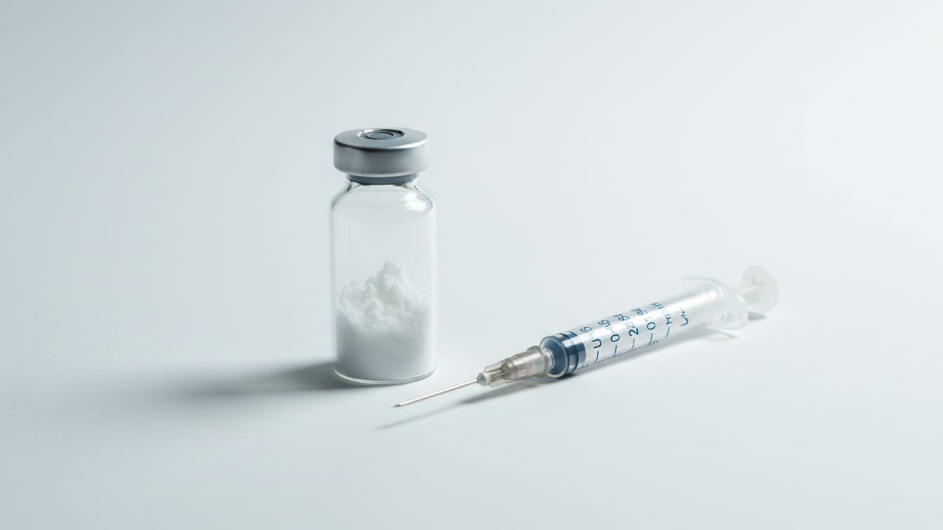 Illustration: A vial of lyophilized powder and an empty insulin syringe on a white surface.