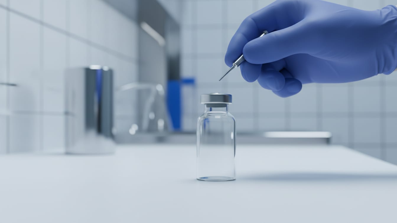 Illustration: An empty clear glass vial on a white laboratory bench, softly lit.