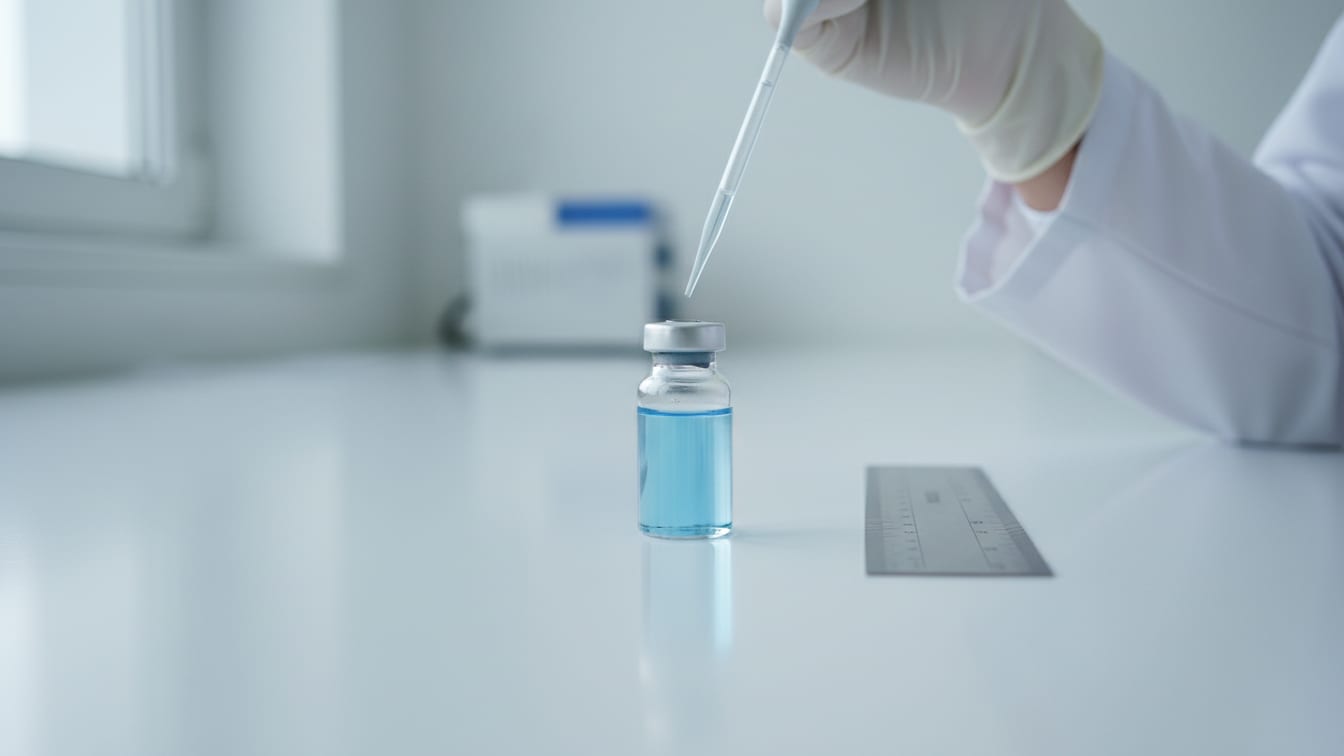 Illustration: A clear glass vial with pale blue liquid on a white bench, next to an unmarked ruler.