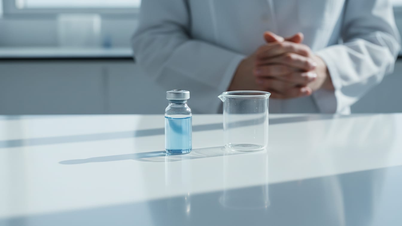 Illustration: A clear glass vial with pale blue liquid next to an empty glass beaker on a white lab bench.