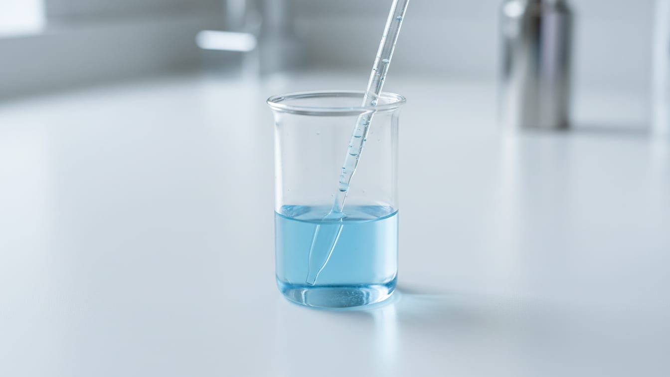 Illustration: A pipette tip in a beaker of pale blue liquid on a white surface.