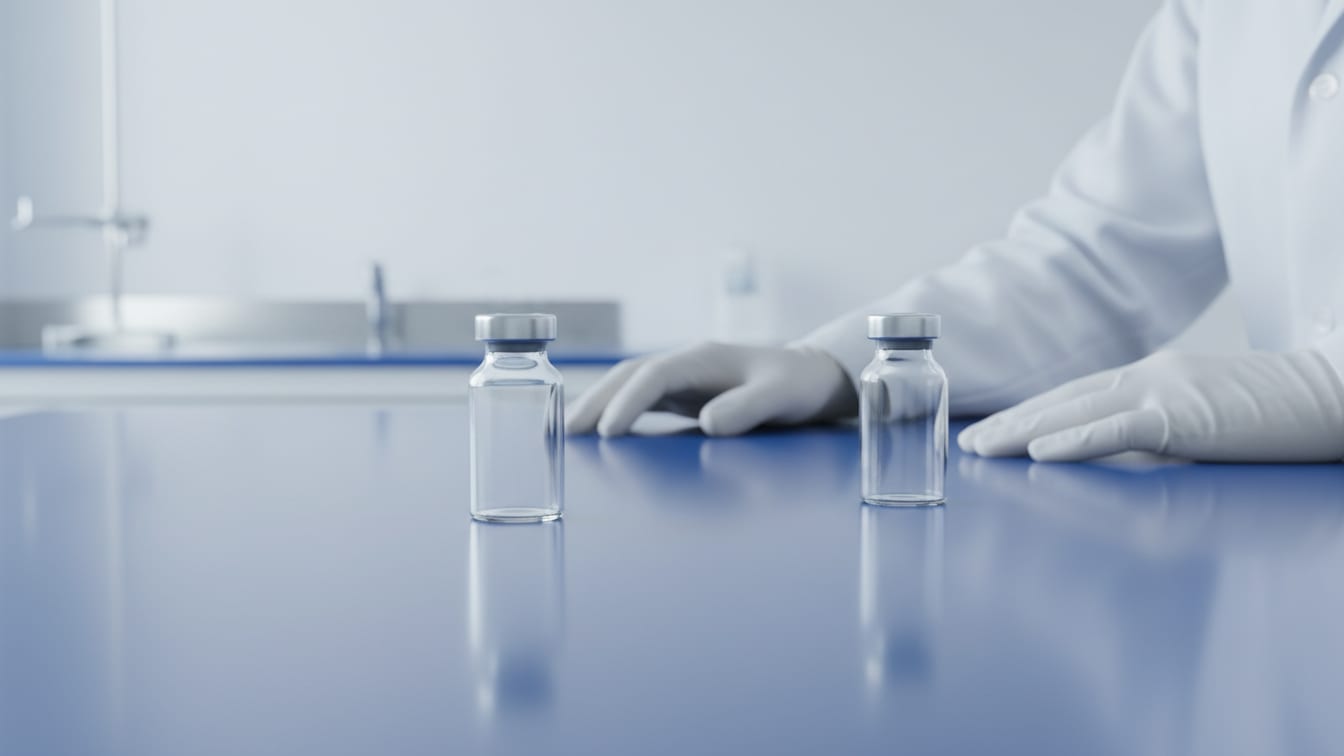 Illustration: Two empty clear glass vials on a pale blue lab bench, illuminated by soft, even light.