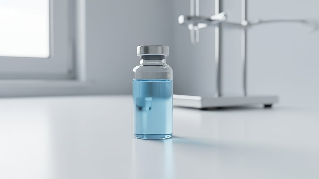 Illustration: A clear glass vial with pale blue liquid on a white lab bench.