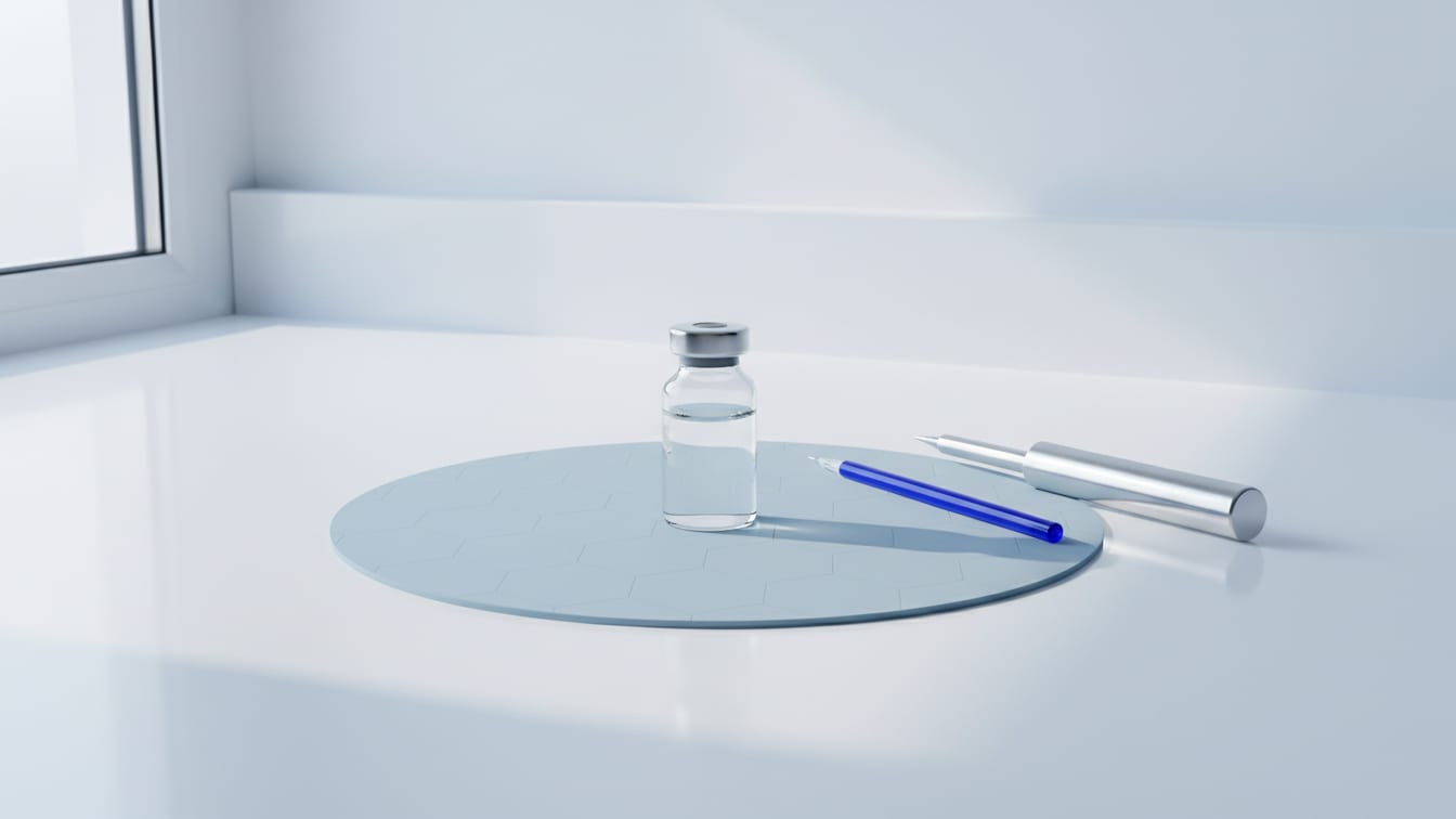 Illustration: A clear glass vial with a minimal amount of clear liquid on a white lab bench.