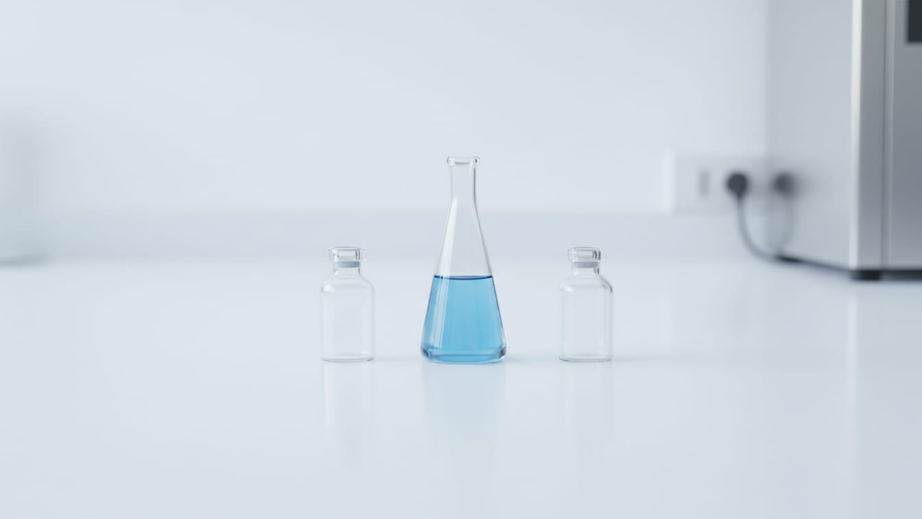 Illustration: Three clear glass vials, one with pale blue liquid, two empty, arranged on a white lab bench.