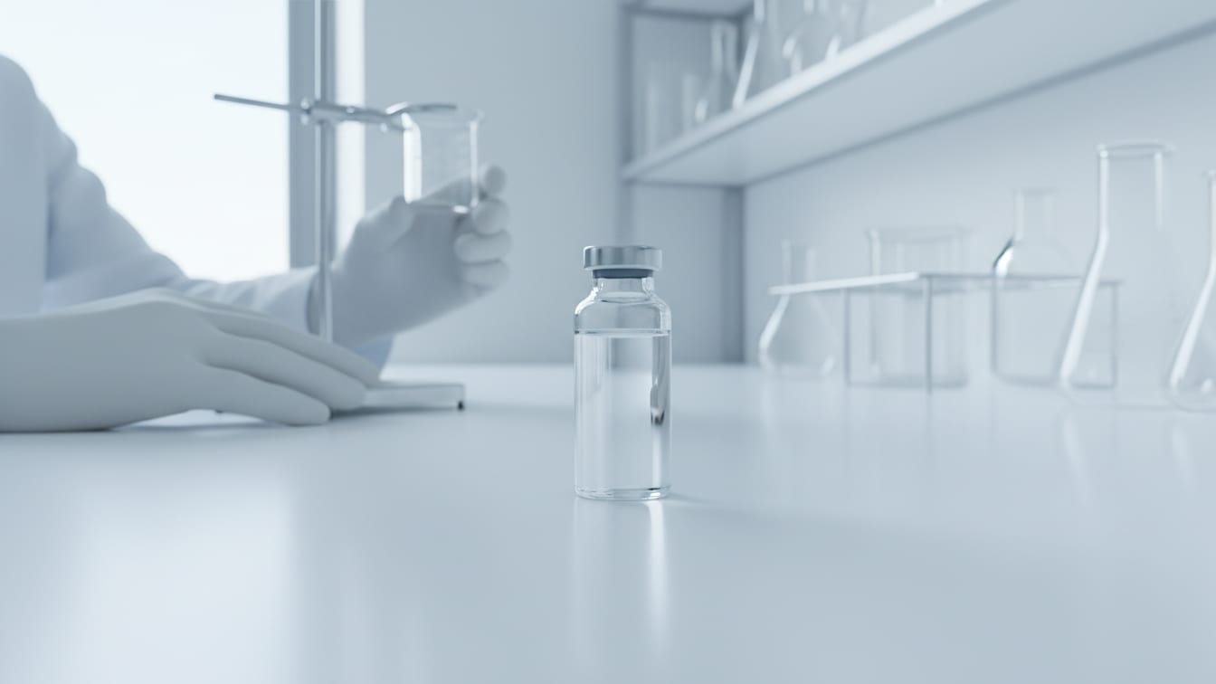 Illustration: A clear glass vial with colorless liquid on a white lab bench, softly lit.