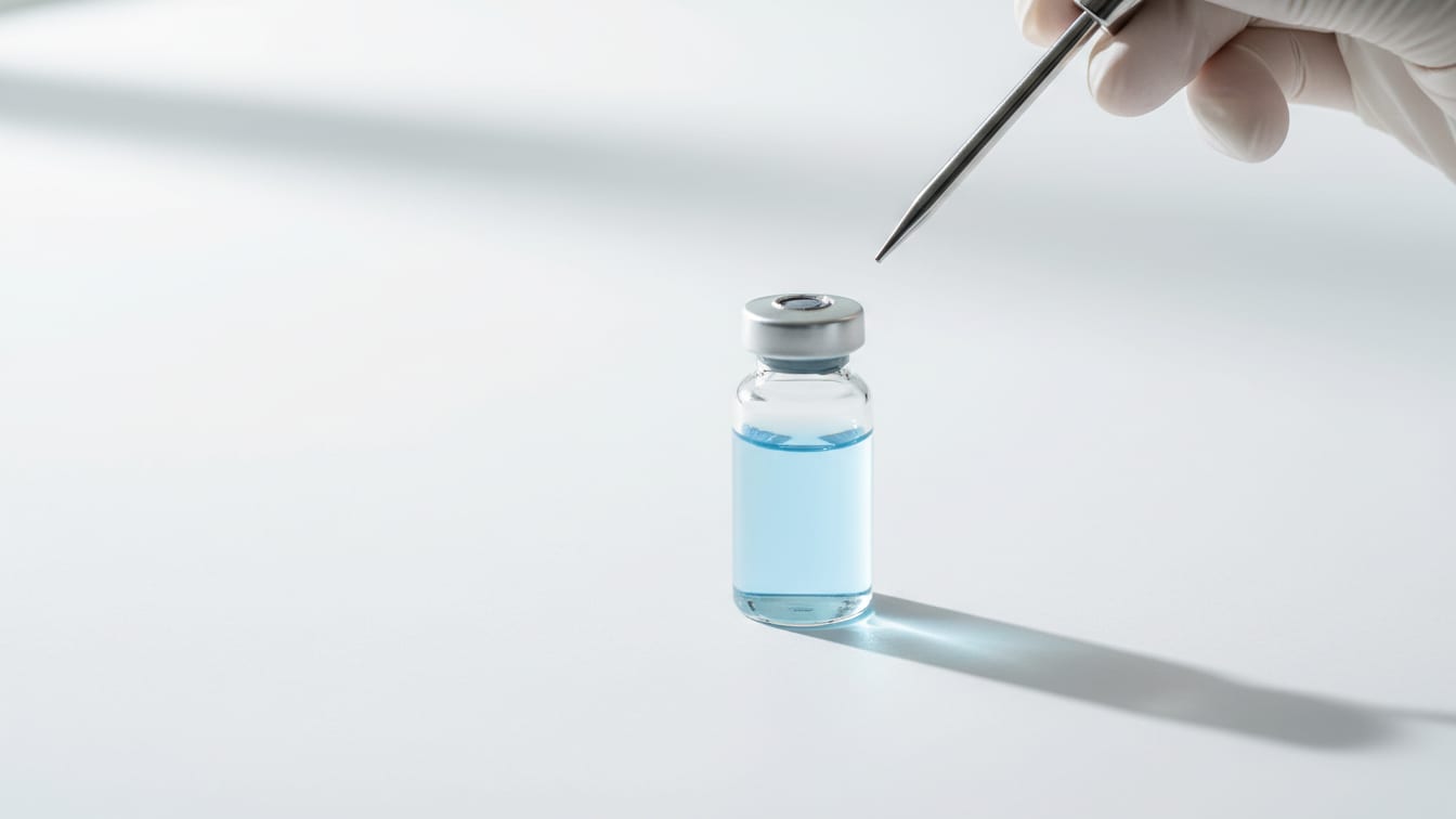 Illustration: A single clear glass vial with pale blue liquid on a white surface.