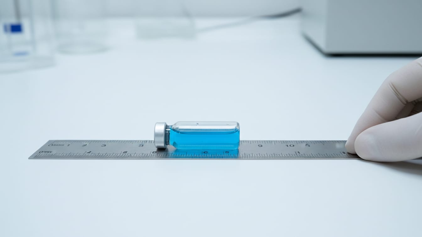 Illustration: A clear glass vial aligned with a ruler on a white surface.