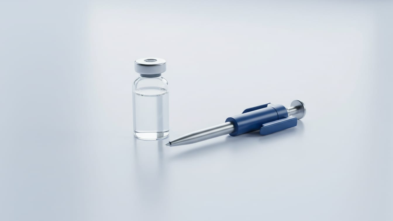 Illustration: A single clear glass vial with clear liquid sits beside a closed-off pipette on a white lab bench.
