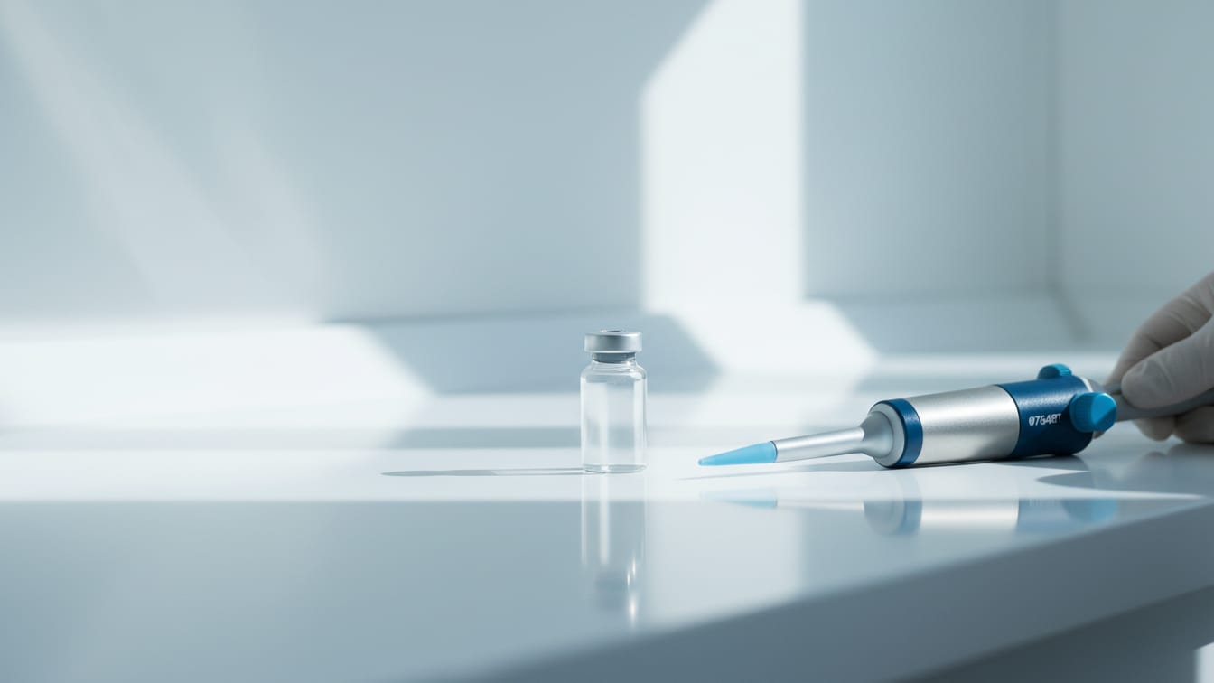 Illustration: A clear glass vial next to a micropipette with a pale blue tip on a white surface.
