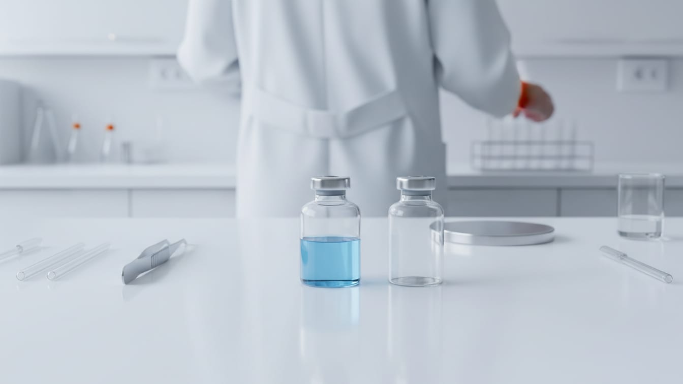 Illustration: A half-filled clear glass vial and an empty clear glass vial on a white lab bench.