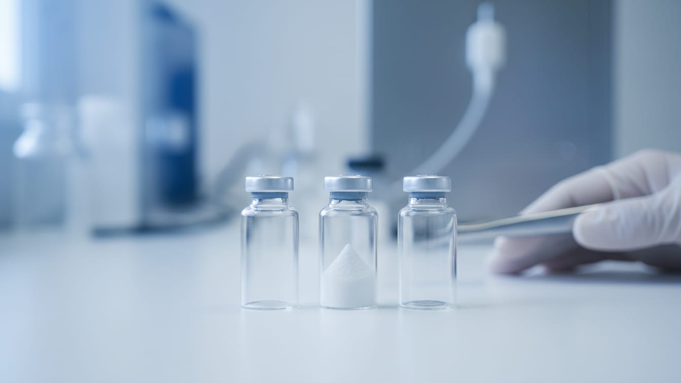 Illustration: Three clear glass vials, one with lyophilized powder, precisely arranged on a white lab bench.