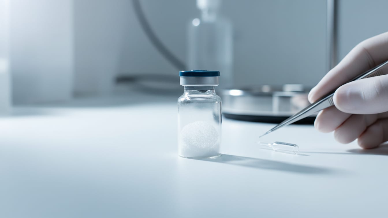 Illustration: A clear glass vial with white lyophilized powder on a white surface.