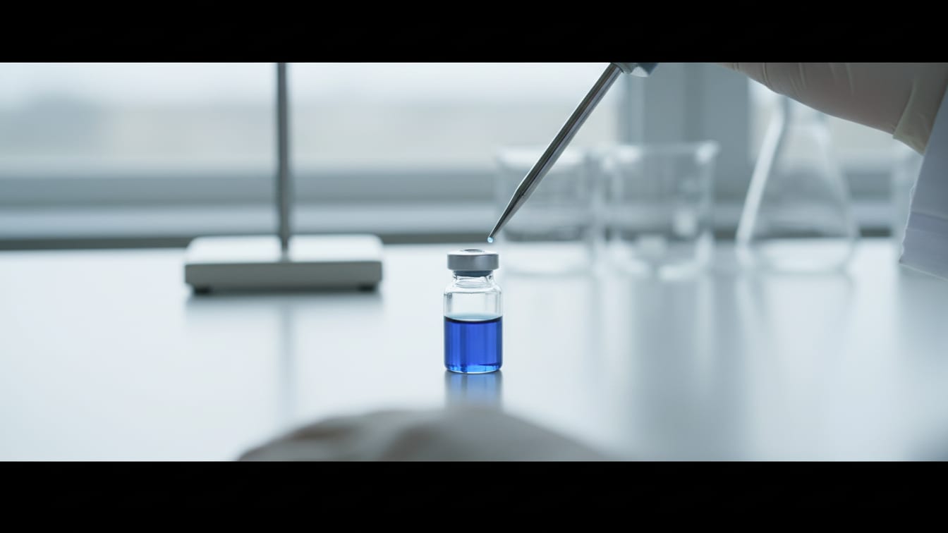 Illustration: A clear glass vial precisely centered on a pristine white laboratory bench, illuminated by soft light.