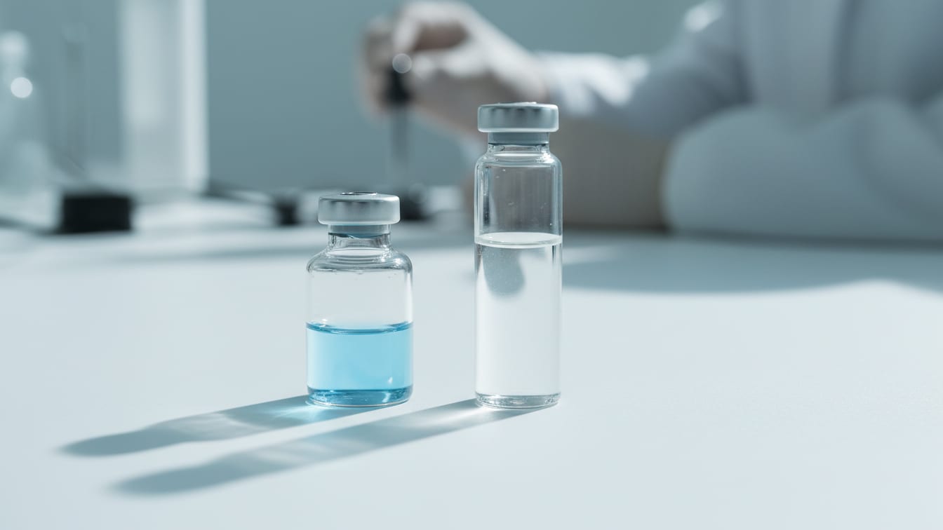 Illustration: Two clear glass vials with different liquid levels on a white surface, softly lit.