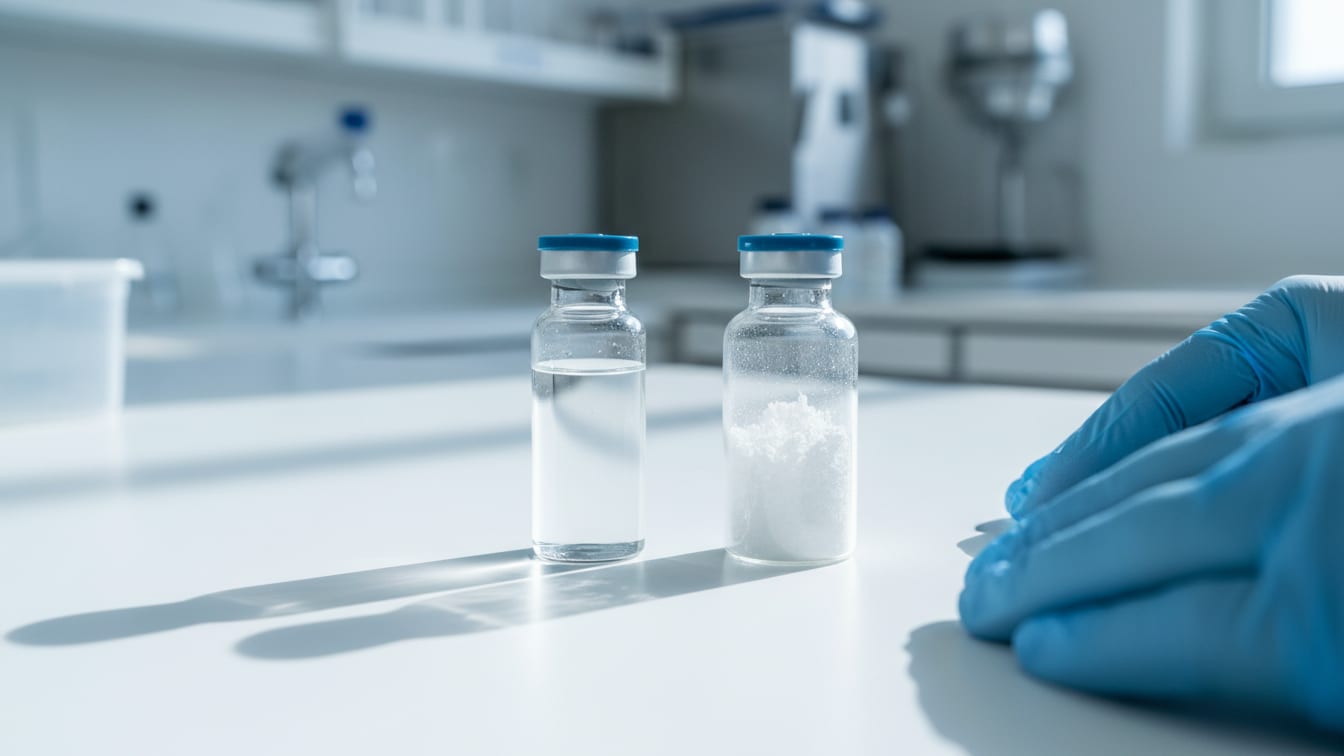 Illustration: Two clear glass vials, one with water and one with lyophilized powder, on a white surface.