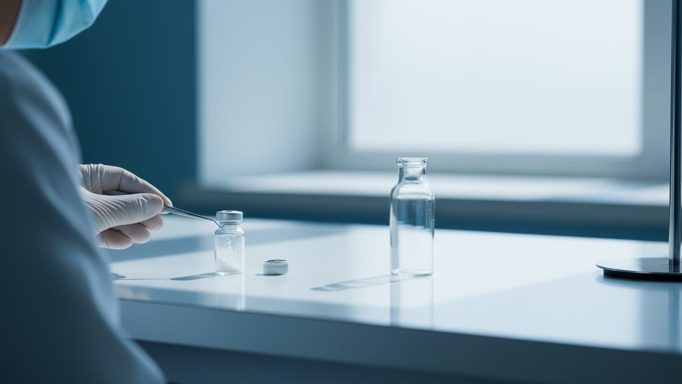 Illustration: An empty clear glass vial and a lyophilized powder vial on a white lab bench.